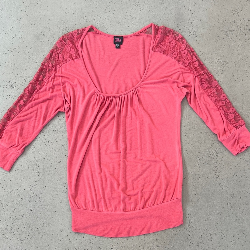 Coral Pink Lace-Sleeve Women's Top XS